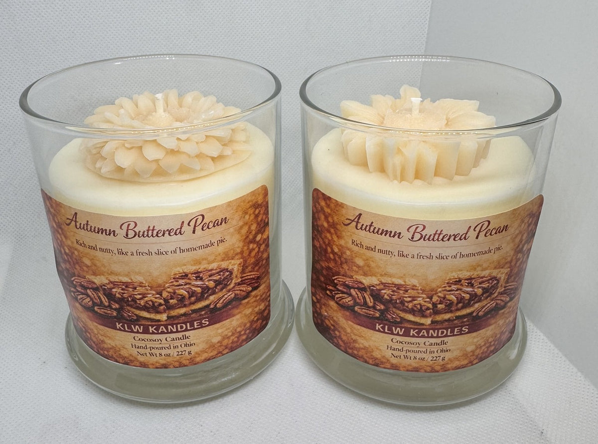 Autumn Buttered Pecan 8 oz Glass Jar Candle w/ Floral Top