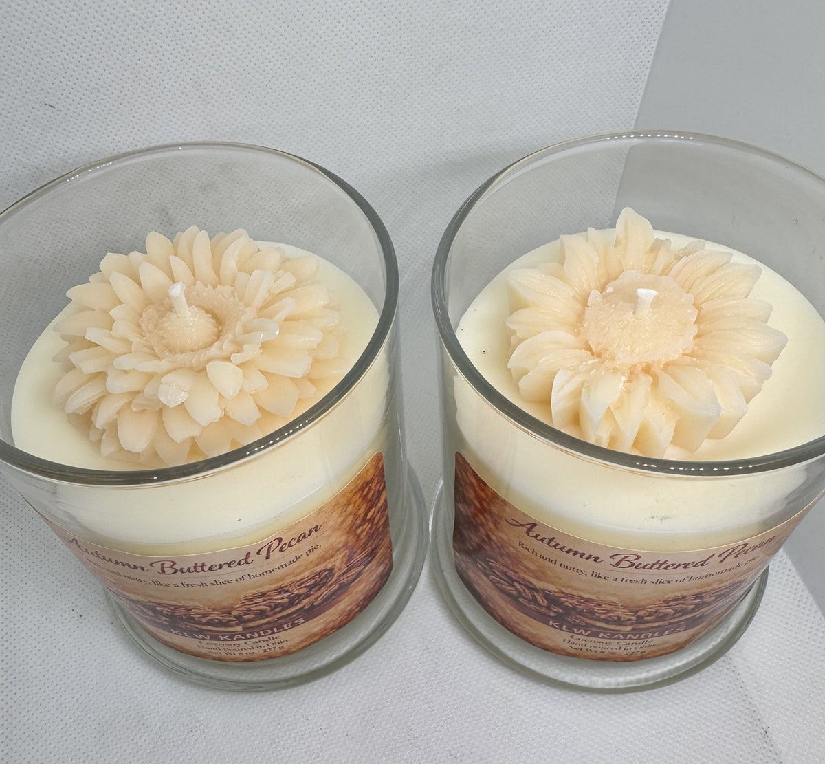 Autumn Buttered Pecan 8 oz Glass Jar Candle w/ Floral Top