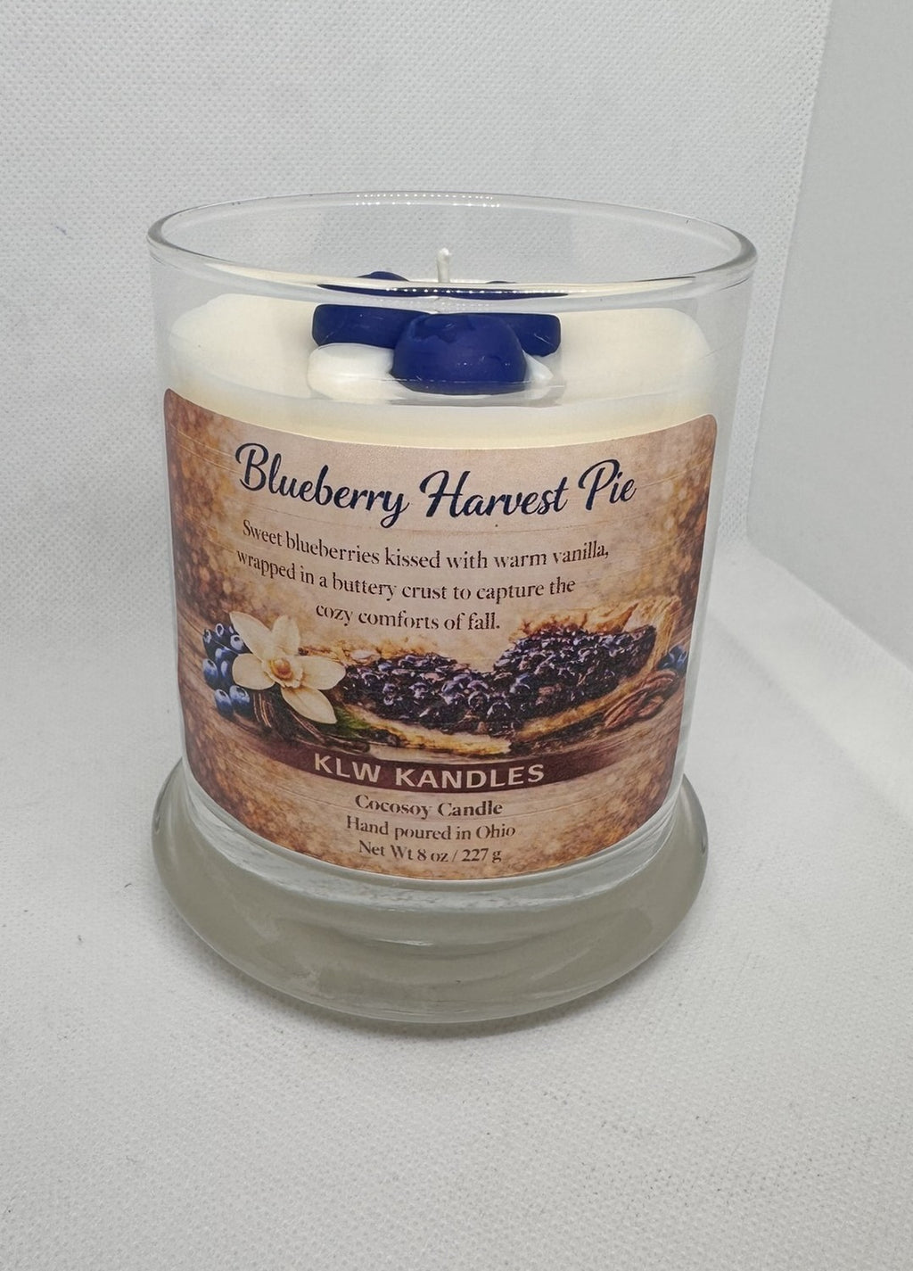 Blueberry Harvest Pie 8 oz Glass Jar Candle w/ Blueberries on top