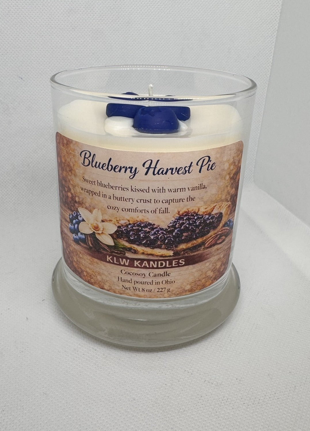 Blueberry Harvest Pie 8 oz Glass Jar Candle w/ Blueberries on top