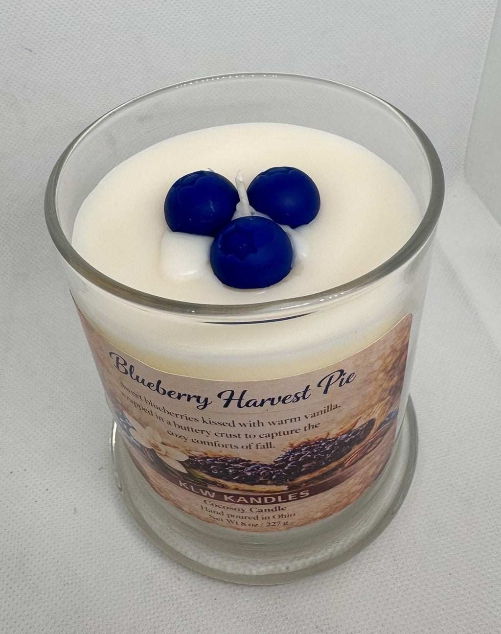 Blueberry Harvest Pie 8 oz Glass Jar Candle w/ Blueberries on top