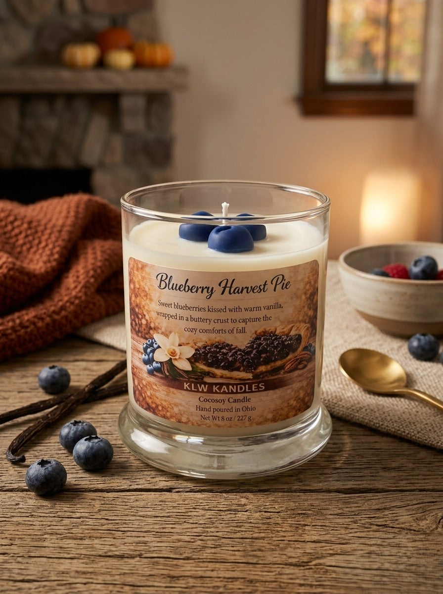 Blueberry Harvest Pie 8 oz Glass Jar Candle w/ Blueberries on top