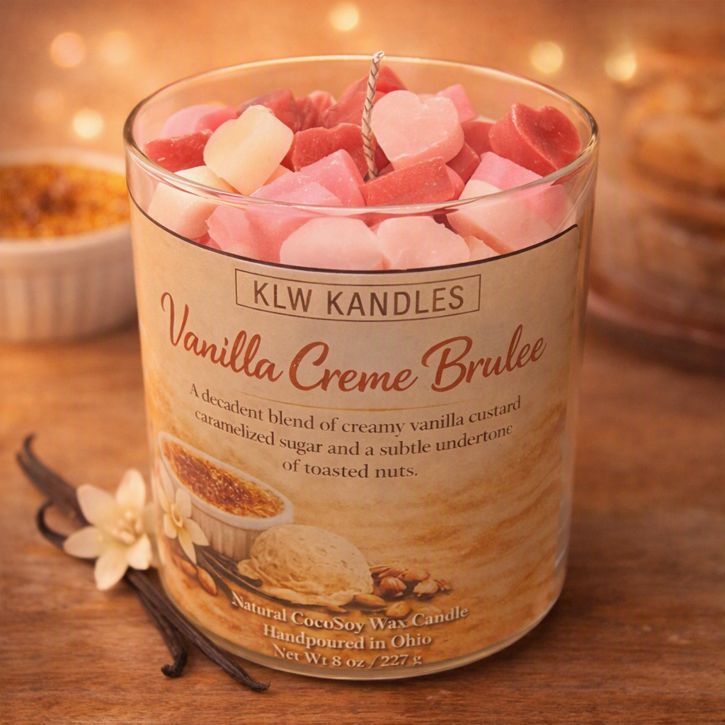Vanilla Creme Brulé w/ Multi Hearts  8 oz Glass Jar Candle
