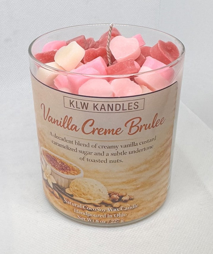 Vanilla Creme Brulé w/ Multi Hearts  8 oz Glass Jar Candle