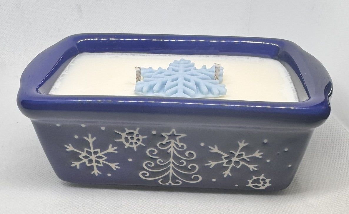 Blue Snowflake Kiss Mini Loaf Pan 10 oz Candle - Upcycled
