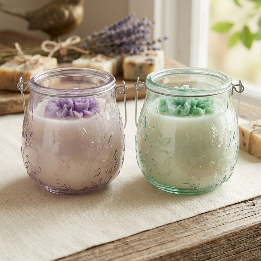 Wickless Glass Butterfly Jar w/ Flower - Stress Relief