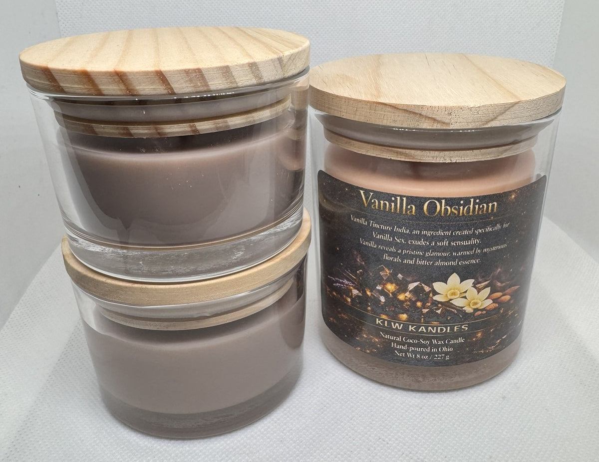 Vanilla Obsidian Glass Jar Candles w/ Wood Lid - 8 oz or  oz