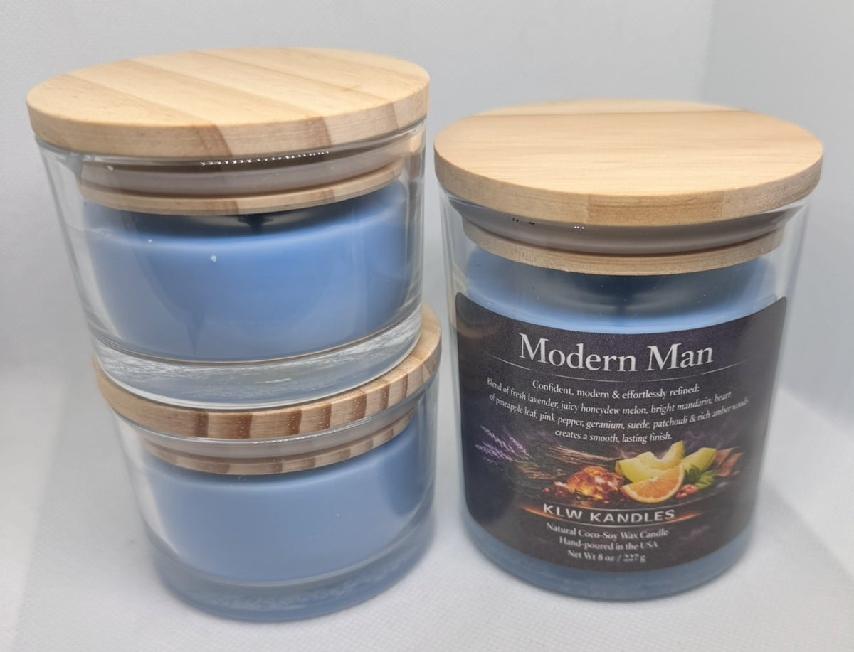 Modern Man Glass Jar Candles w/ Wood Lid - 8 oz or 4 oz