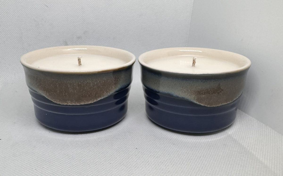 Blue & Grey Upcycled Soup Crock 4.5 oz Candle in Sweater Season