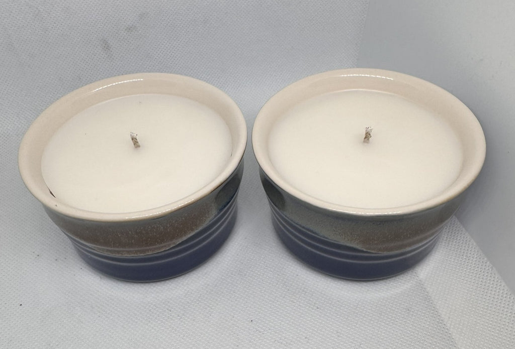 Blue & Grey Upcycled Soup Crock 4.5 oz Candle in Sweater Season
