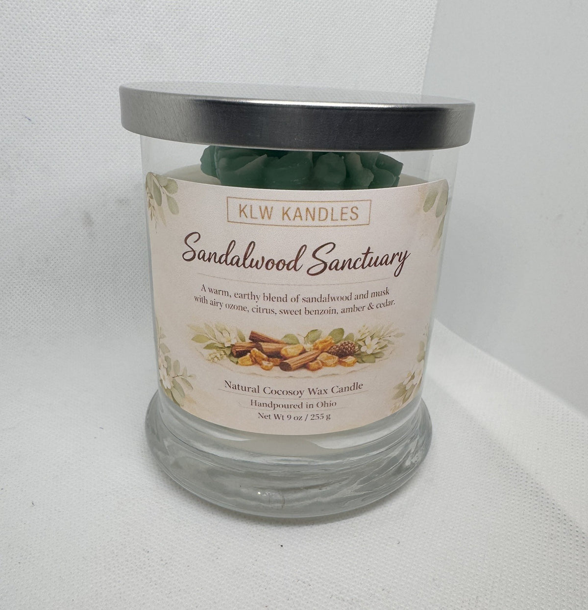Sandalwood Sanctuary 8 oz Glass Jar Candle w/ Floral Top