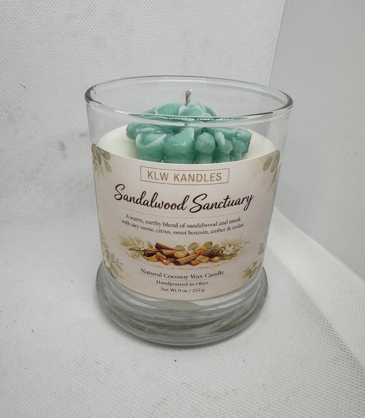 Sandalwood Sanctuary 8 oz Glass Jar Candle w/ Floral Top