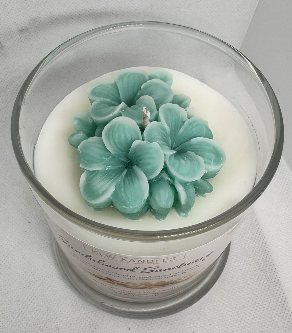 Sandalwood Sanctuary 8 oz Glass Jar Candle w/ Floral Top