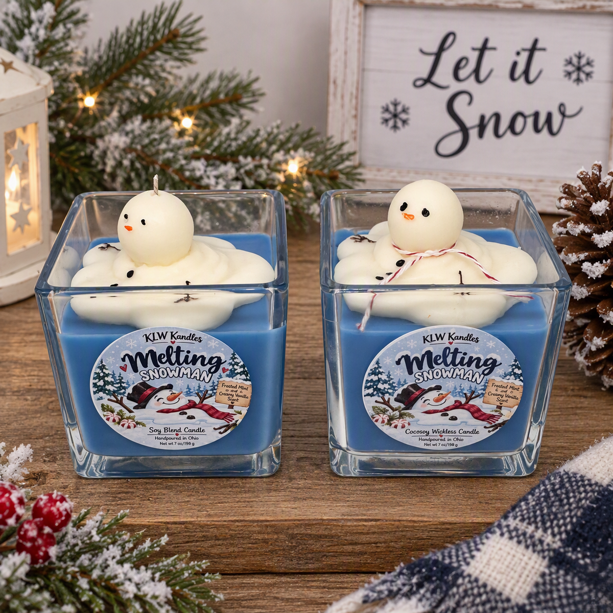 Melting Snowmen Candles - Wickless or Wicked Versions - Snowflake Wishes Scent - 7 oz