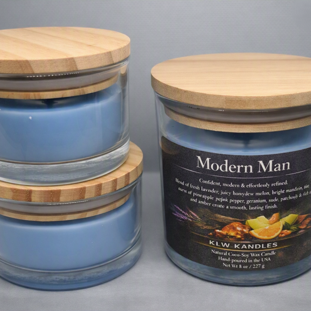 Modern Man Glass Jar Candles w/ Wood Lid - 8 oz or 4 oz