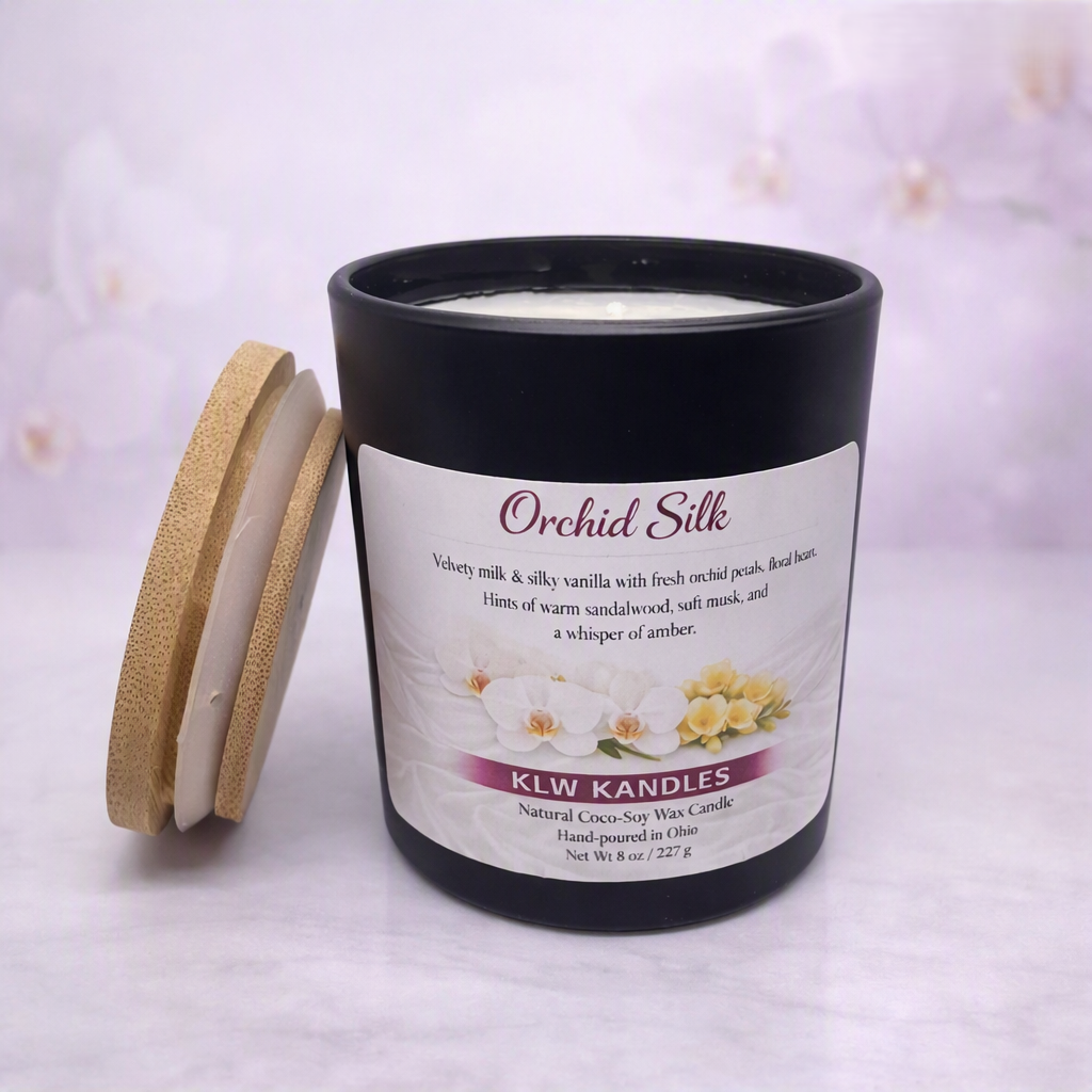 Orchid Silk 8 oz Black Glass Jar Candle