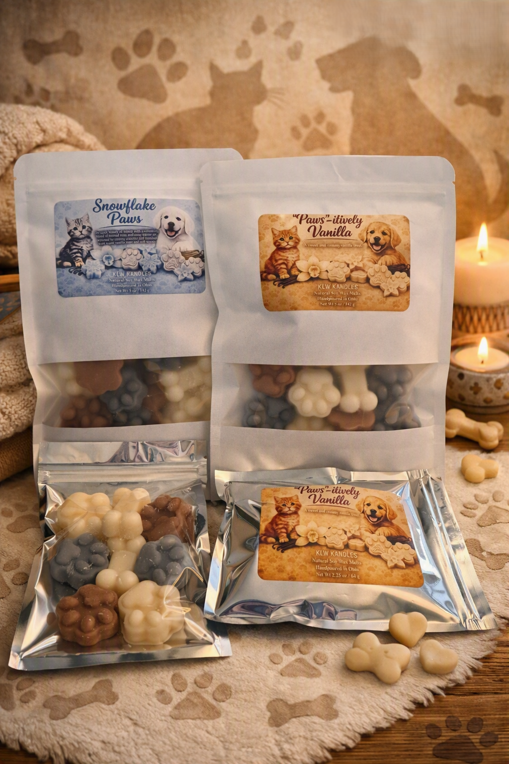 Paw Print and Bones Wax Melt Bags in Various Scents