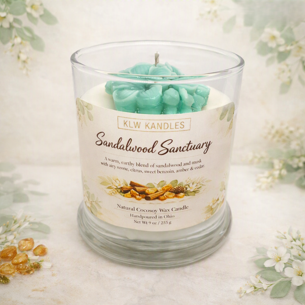 Sandalwood Sanctuary 8 oz Glass Jar Candle w/ Floral Top
