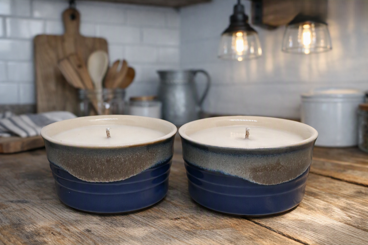 Blue & Grey Upcycled Soup Crock 4.5 oz Candle in Sweater Season