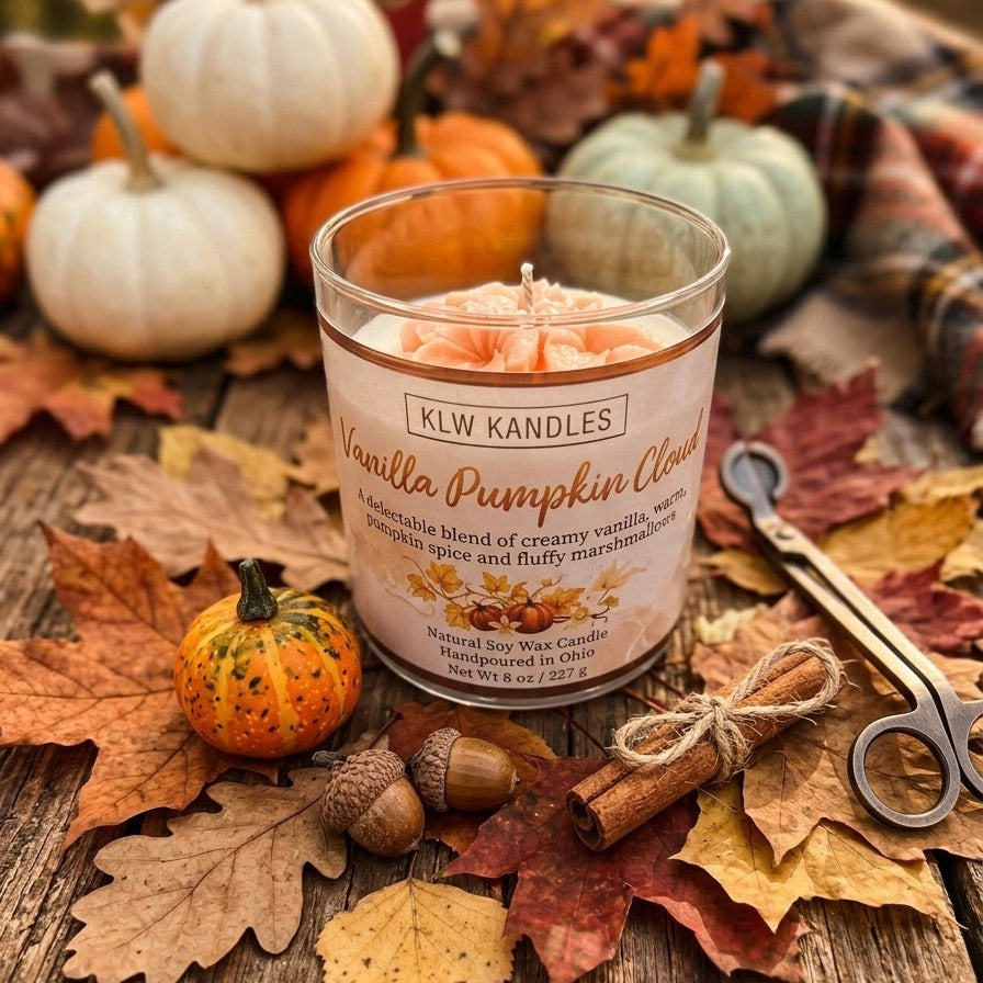 Vanilla Pumpkin Cloud 8 oz Glass Jar Candle w/ Flower